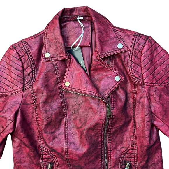 NEW Giolshon Retro Style Red Faux Leather Moto Jacket - Size Large - Picture 4 of 16